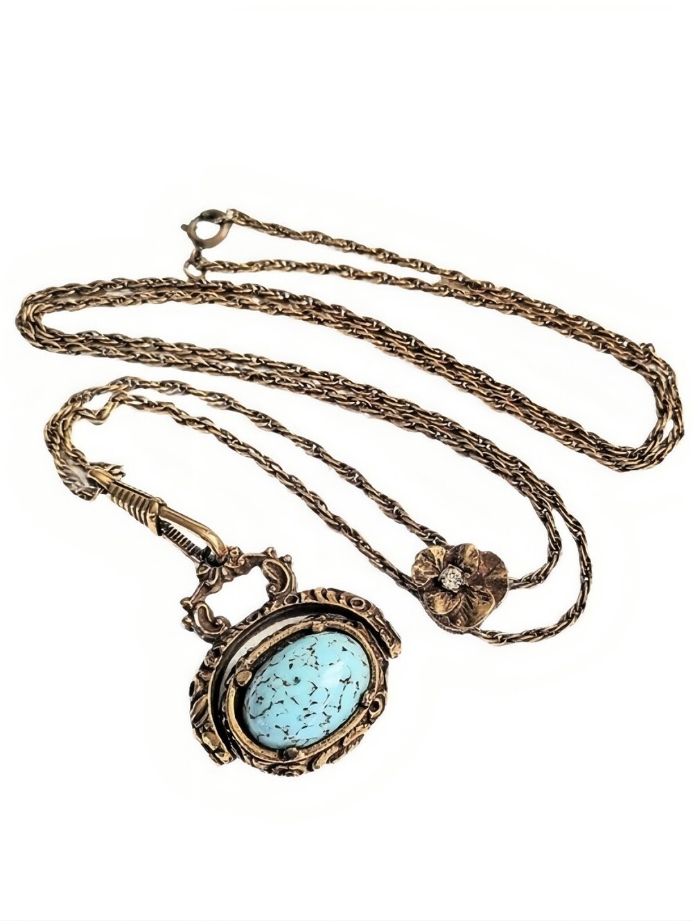 💛 Vintage Estate Goldette Ornate Etruscan Turquoise Fob Watch Chain Necklace